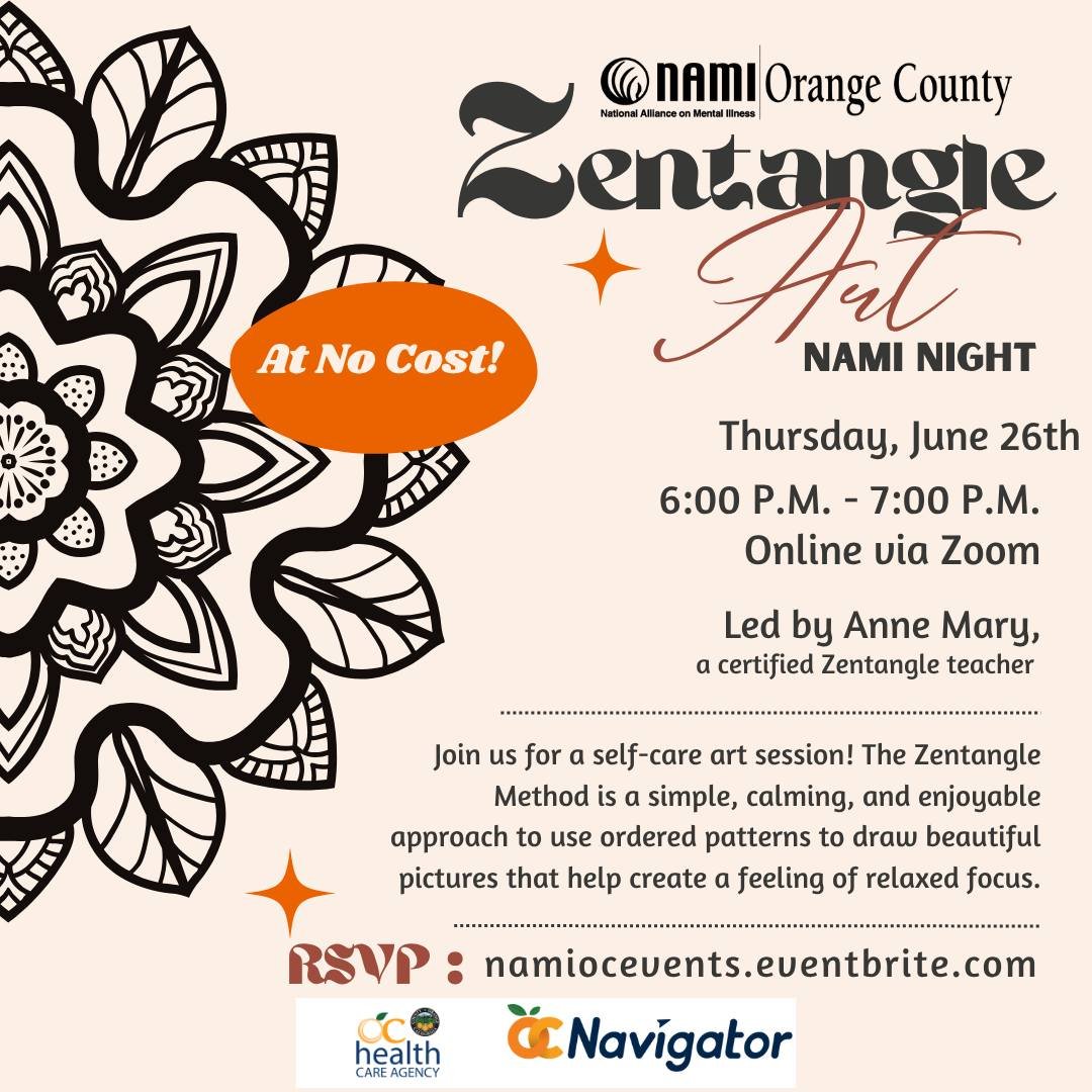 Únete a nosotros para una noche de relajante Arte Zentangle con la maestra certificada, Anne Mary!🎨 Estaremos presentando esta práctica meditativa Noche NAMI a través de Zoom este jueves, 26 de junio a las 6:00pm! Usted no querrá perderse esta sesión de auto-cuidado sin costo, así que inscribirse u