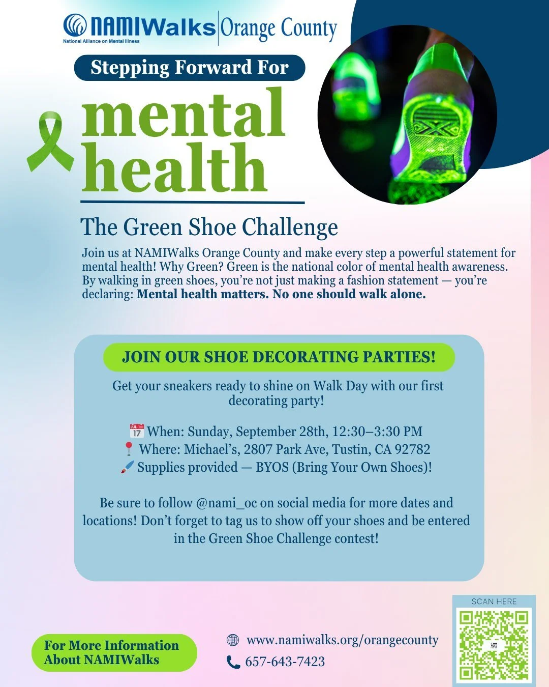 🎨👟 ¡Únete a nuestra fiesta de diseño Green Shoe Challenge!
📍 Michael's Tustin
📅 Sun, Sept 28 | 12:30-3:20pm

¡Vamos a traer suministros-usted trae zapatos! 💚
Etiqueta a un amigo + swipe para saber más sobre el reto por la salud mental.

#NAMIWalk