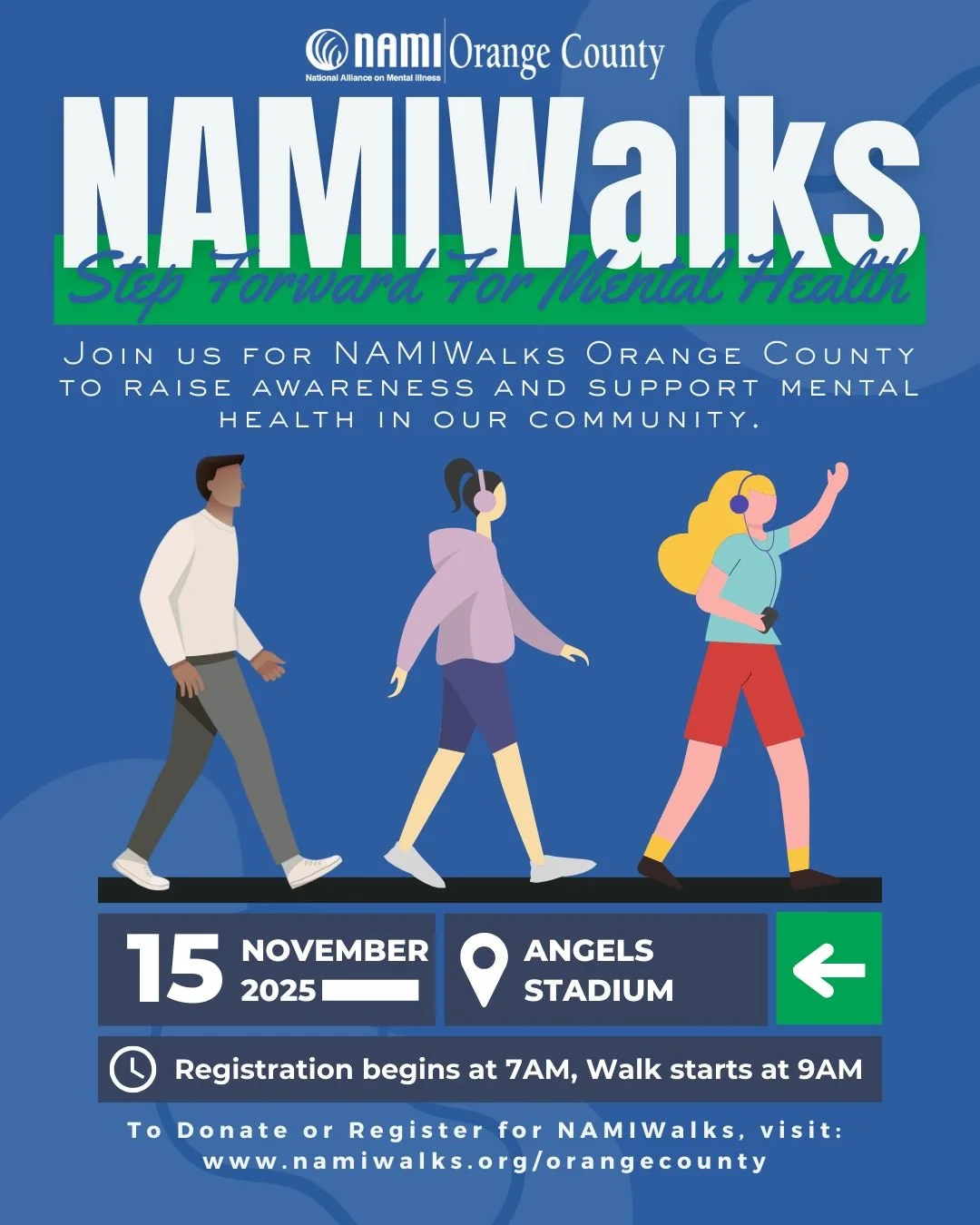Recordatorio!👟 Estamos cada vez más cerca de volver al Angel Stadium el sábado 15 de noviembre para otra inolvidable #NAMIWalks. Únete a nosotros en nuestro mayor evento del año mientras damos un paso al frente por la salud mental para concienciar, crear comunidad y su