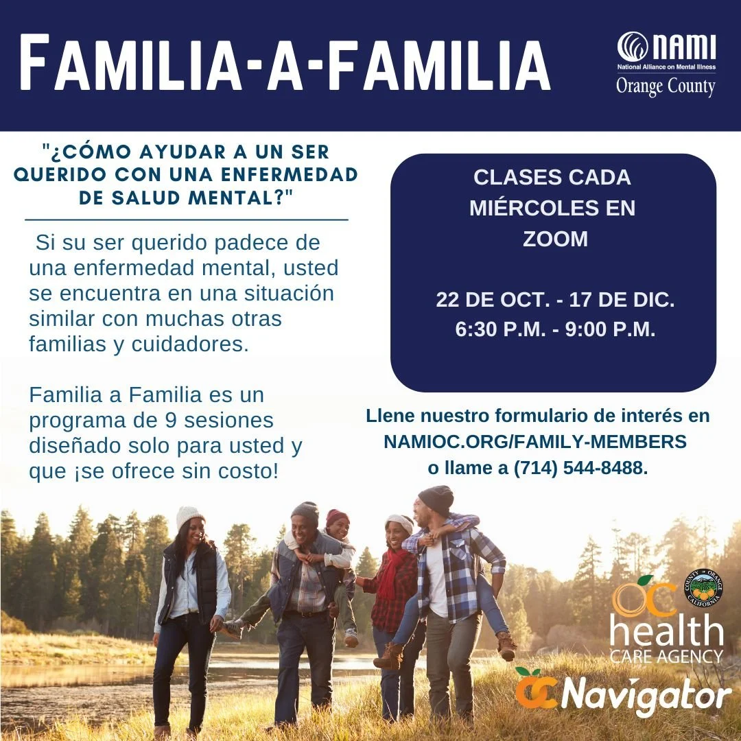 ¡Recurso gratuito para familias con problemas de salud mental! Esta clase es para personas con familiares o seres queridos que sufren problemas de salud mental y desean apoyo. Regístrese usando el enlace o llamando al 714-227-2209.

#fam