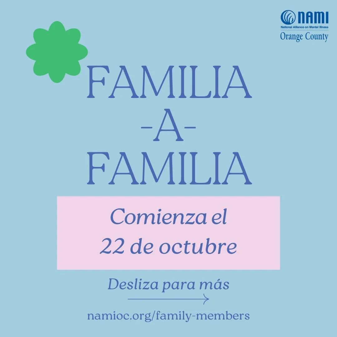 &iexcl;Recurso gratuito para familias con problemas de salud mental! Esta clase es para personas con familiares o seres queridos que sufren problemas de salud mental y desean apoyo. Reg&iacute;strese usando el enlace o llamando al 714-227-2209.

#fam