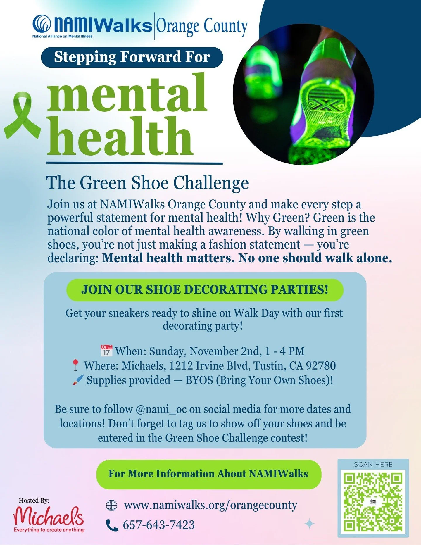 ¡Sólo nos quedan dos fiestas de decoración del Desafío de los Zapatos Verdes antes de NAMIWalks! ¡Encuéntranos en Michael's en Tustin (¡dirección más abajo!) este domingo para prepararnos para el día de la caminata! 🎨 Y no olvides que puedes participar en nuestro Desafío VIRTUAL de Zapatos Verdes o