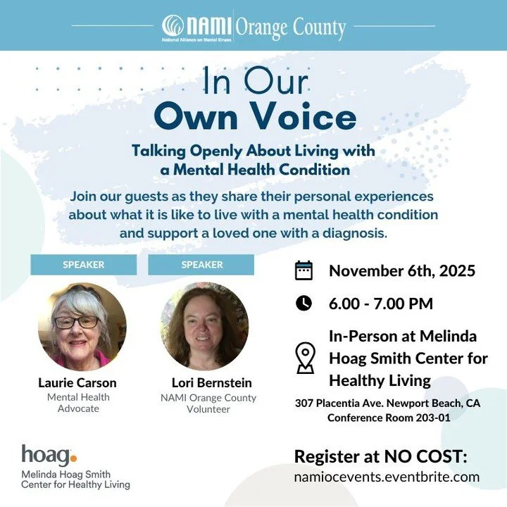 Hãy tham gia buổi thuyết trình In Our Own Voice đầy sức mạnh của chúng tôi vào ngày 6 tháng 11! Diễn giả của chúng tôi, Laurie Carson và Lori Bernstein, sẽ chia sẻ kinh nghiệm của họ và dẫn dắt một cuộc đối thoại cởi mở về cách sống chung với bệnh lý tâm thần.🌟 Hãy cùng đến với