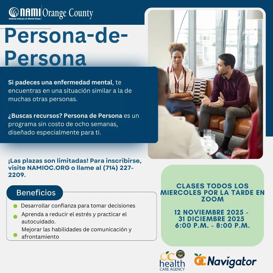 ¡Noticias emocionantes!
¡NAMI OC lanza oficialmente su primer programa de Persona a Persona español! Este programa está dirigido a personas con problemas o diagnóstico de salud mental que desean unirse a un programa e