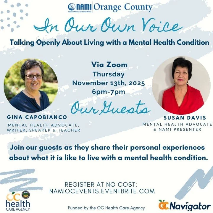 Đừng bỏ lỡ buổi thuyết trình "In Our Own Voice" của chúng tôi vào ngày 13 tháng 11 qua Zoom! Hãy lắng nghe Gina và Susan chia sẻ câu chuyện của họ và khơi gợi những cuộc trò chuyện cởi mở về sức khỏe tâm thần. 💚 Hãy cùng nhau xóa bỏ định kiến! Đăng ký tham gia sự kiện này ngay hôm nay!