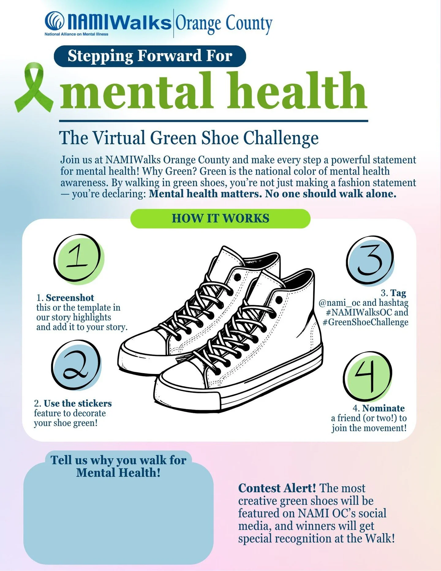 Bạn không thể tham gia Tiệc Trang Trí Giày Xanh của chúng tôi? 💚 Hãy tham gia cuộc vui từ bất cứ đâu với Thử thách Giày Xanh Ảo của chúng tôi! Trang trí giày kỹ thuật số của bạn, chia sẻ lý do bạn đi bộ vì sức khỏe tinh thần và gắn thẻ @nami_oc với #NAMIWalksOC + #GreenShoe