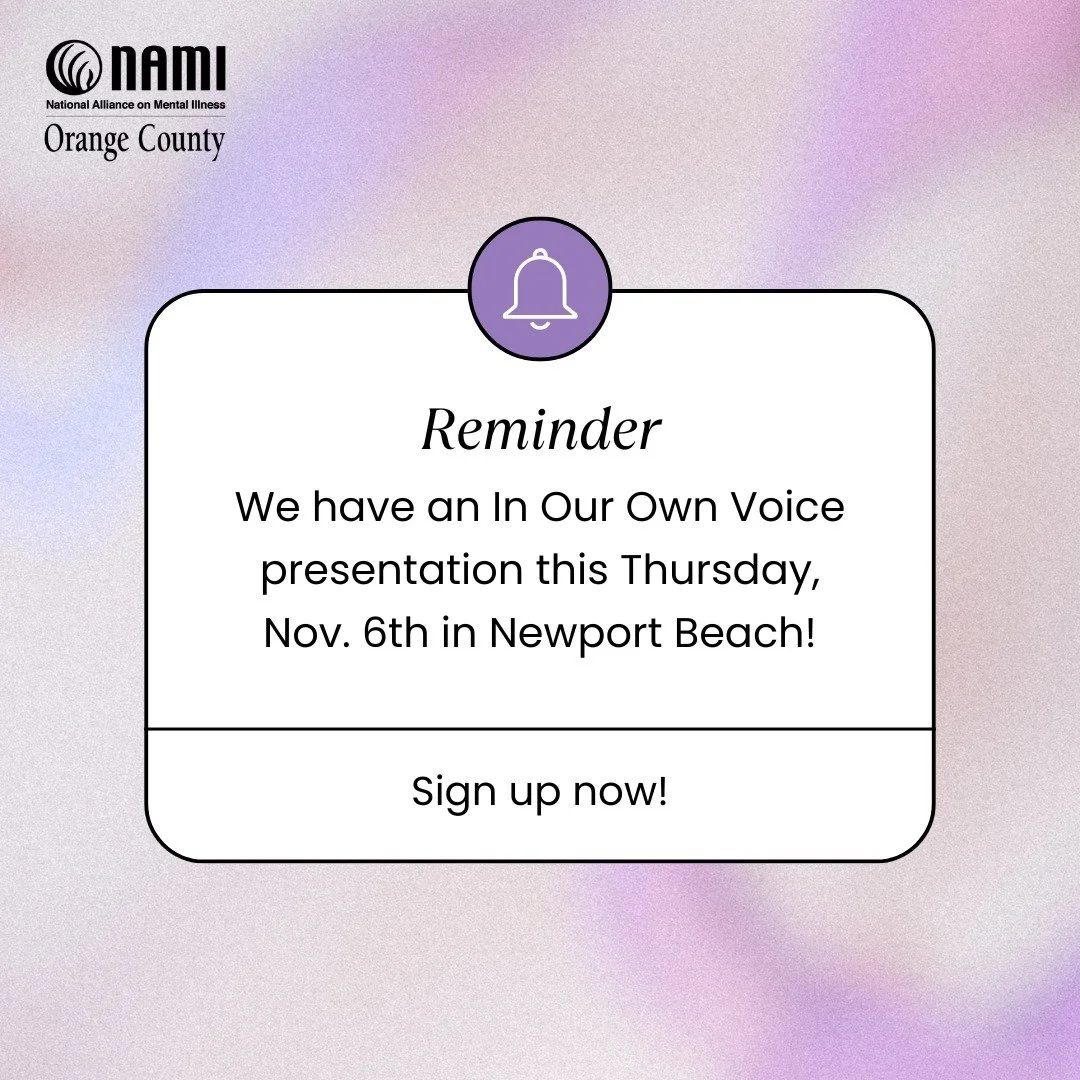 Nhắc nhở! Đăng ký tham dự buổi thuyết trình "Tiếng Nói Của Chính Mình" sắp tới của chúng tôi, diễn ra vào thứ Năm, ngày 6 tháng 11! Diễn giả của chúng tôi, Laurie Carson và Lori Bernstein, sẽ chia sẻ kinh nghiệm của họ và dẫn dắt một cuộc đối thoại cởi mở về cách sống chung với một chuyên gia sức khỏe tâm thần.