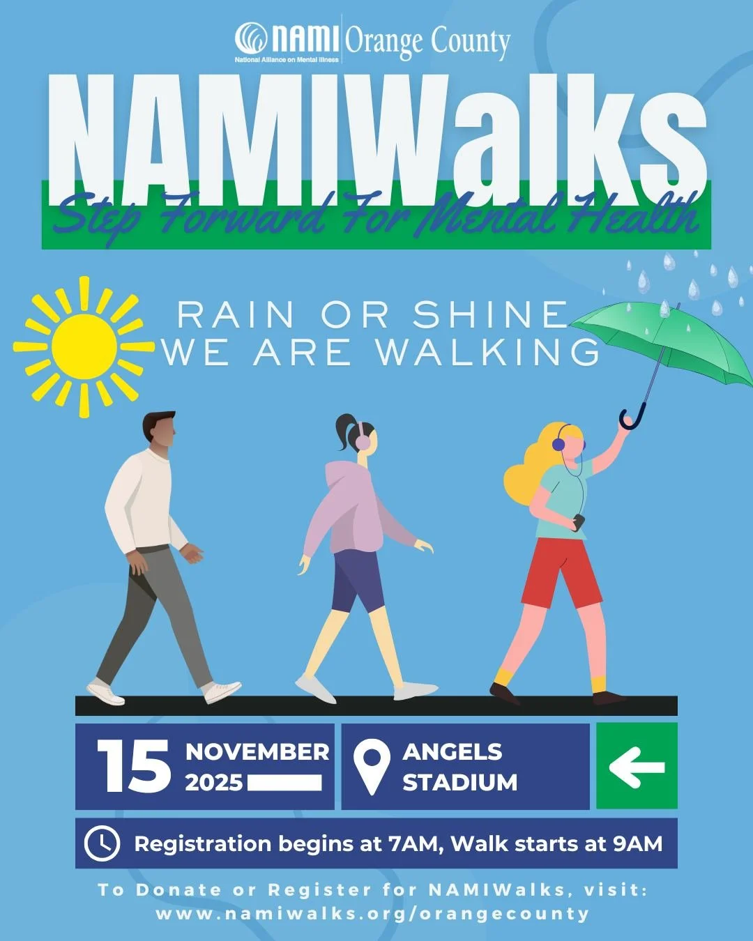 🌦️ Llueva o haga sol, ¡NAMIWalks está en marcha! 💙
Sabemos que hay probabilidad de lluvia este sábado, ¡pero eso no nos impedirá caminar por la salud mental! ☔️🌈 Tendremos carpas plegables y paraguas listos - sólo asegúrese de vestirse para el clima.