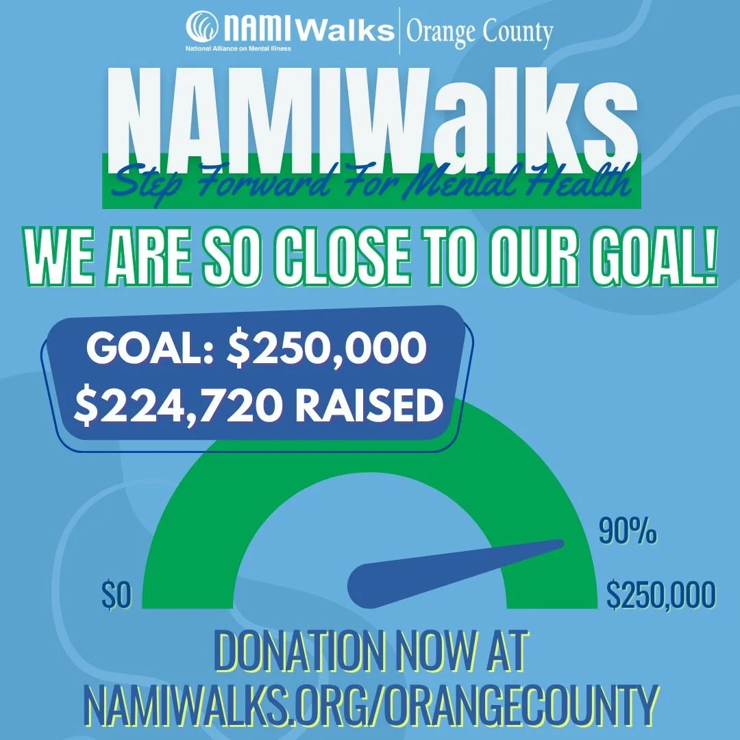 Chỉ còn 10% nữa thôi! 🎉 Hãy về đích thật mạnh mẽ, Quận Cam. Khoản quyên góp của bạn sẽ giúp chúng tôi tiến lên vì sức khỏe tâm thần và tiếp tục mang đến giáo dục, hỗ trợ và hy vọng cho cộng đồng. 💚 Hãy quyên góp ngay hôm nay và giúp chúng tôi đạt được mục tiêu trước Ngày Đi bộ, tháng 11.