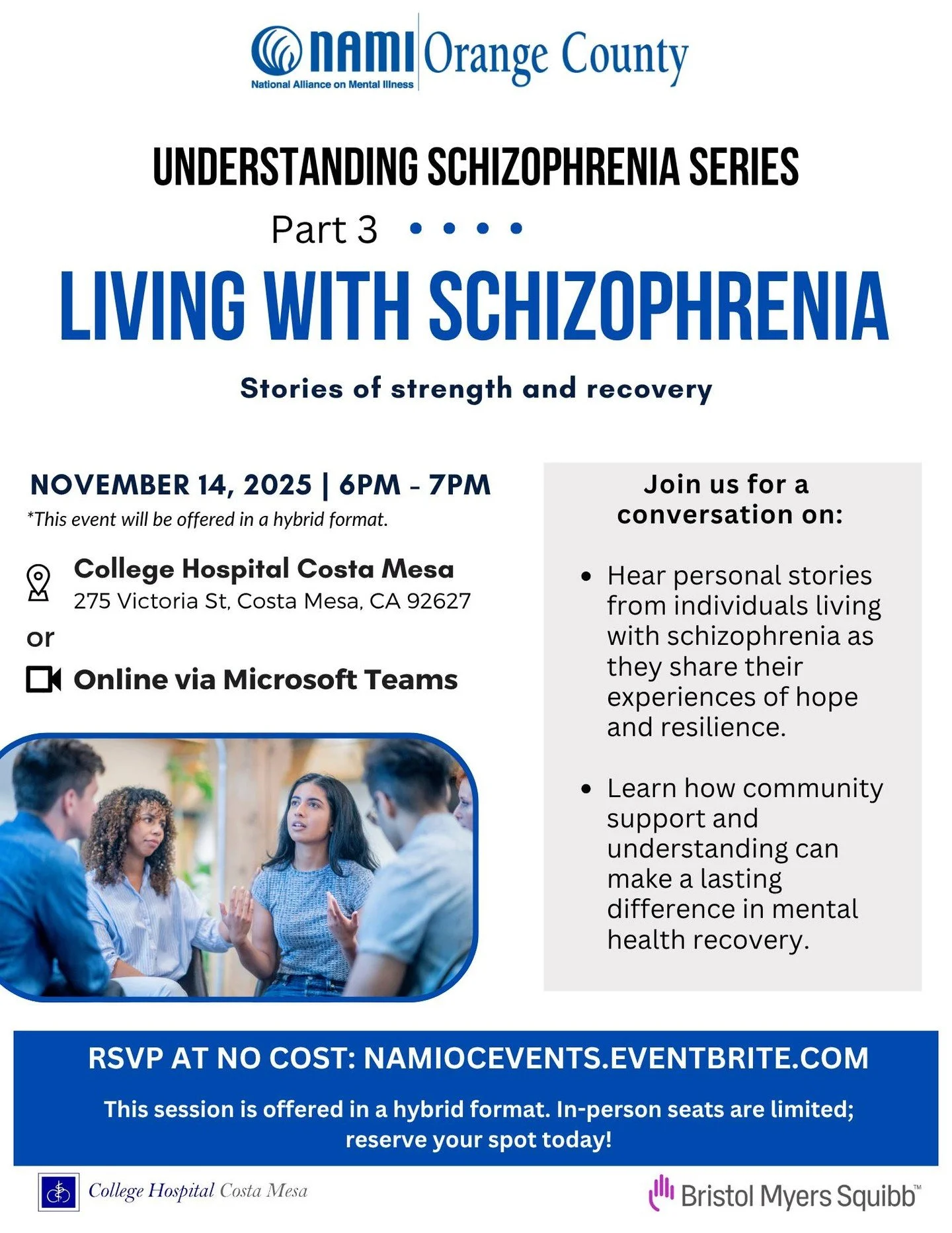 💚 Part 3: Living with Schizophrenia. Join us for the third and final installment of our Understanding Schizophrenia series tomorrow night, November 14th at 6 PM at College Hospital Costa Mesa (or virtually via Microsoft Teams).

Hear personal storie