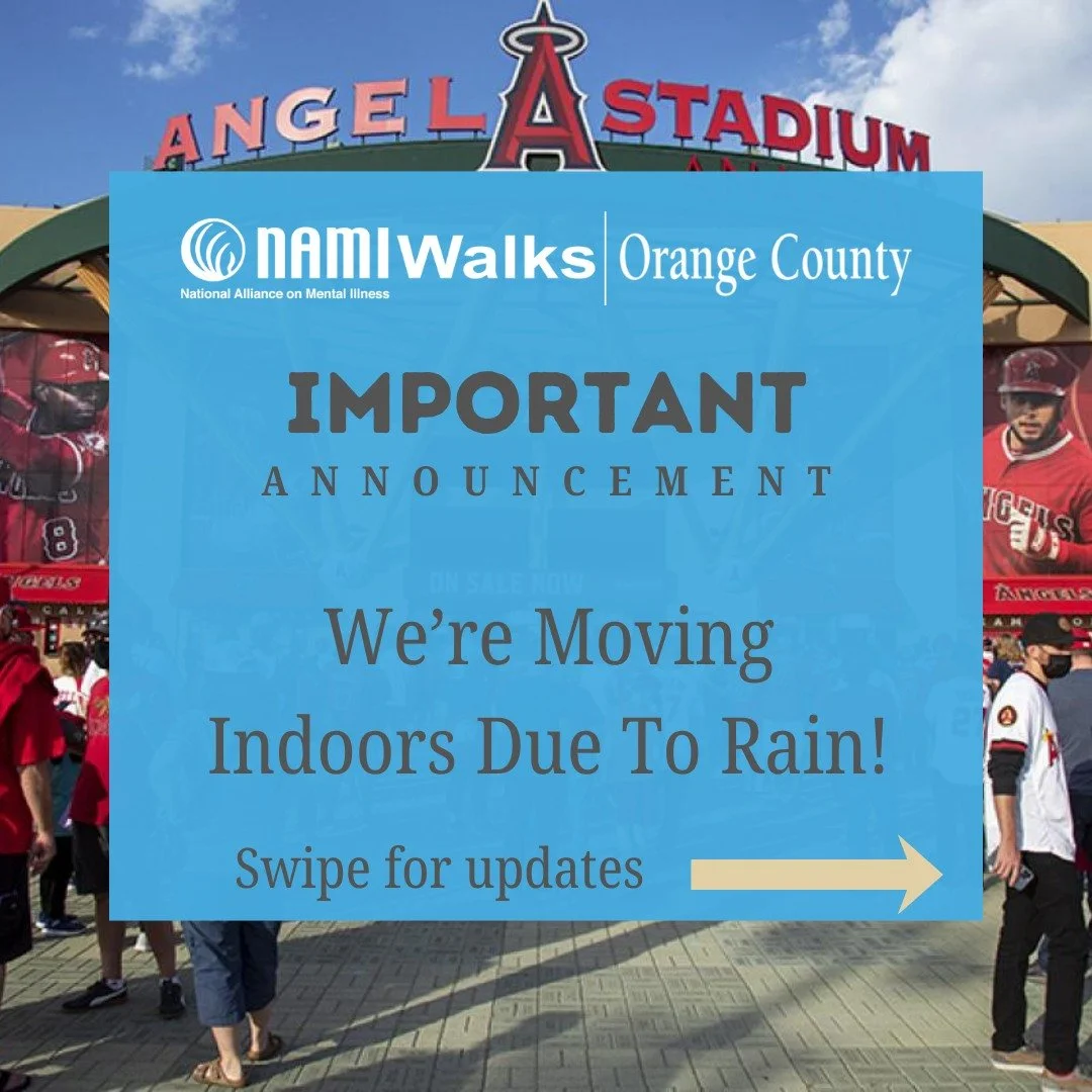 📢 NEW UPDATES! Due to rain, NAMIWalks Orange County is moving indoors. All activities will now be inside the stadium concourse. The route is updated too&mdash;partially indoors &amp; outdoors to keep everyone as dry as possible. We hope you&rsquo;ll
