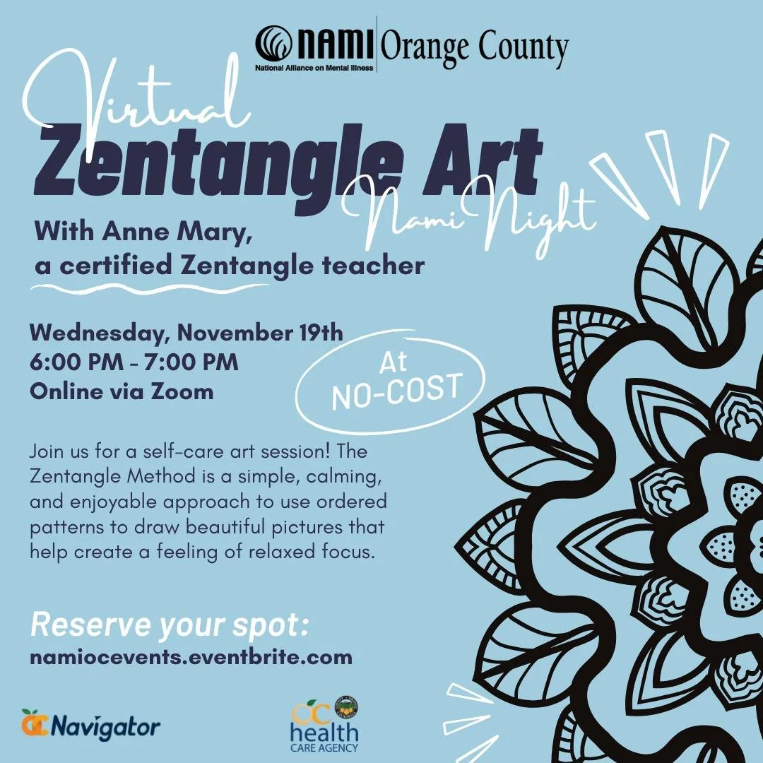 Únete a nosotros para una noche de relajante Arte Zentangle con la maestra certificada, Anne Mary!🎨 Estaremos presentando esta práctica meditativa Noche NAMI a través de Zoom este miércoles, 19 de noviembre a las 6:00pm! Usted no querrá perderse esta sesión de auto-cuidado sin costo por lo que s