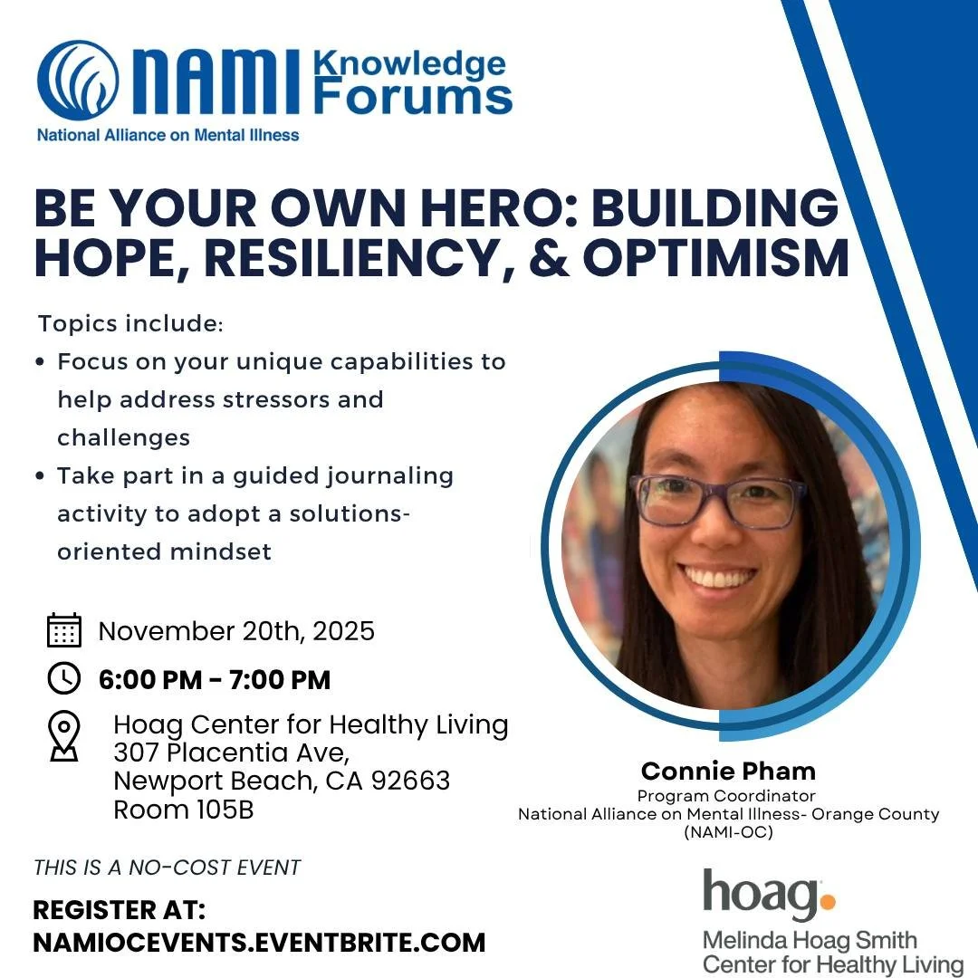 Join us for a Knowledge Forum this Thursday, November 20th, about being your own hero!🦸 Connie Pham will walk us through building hope, resiliency, and optimism to help address stressors and challenges. Meet us in Newport Beach at 6:00pm, we can't w