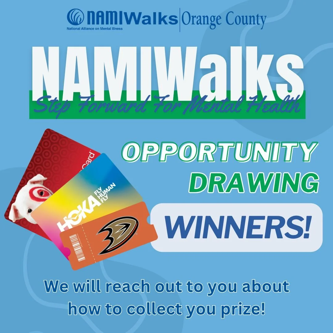 We have our winners of the #NAMIWalks Opportunity Drawings!🌟 As a thank you for coming out to our walk this year and supporting NAMI Orange County, a special few walkers were randomly selected to win a prize! We will be reaching out to you soon on h