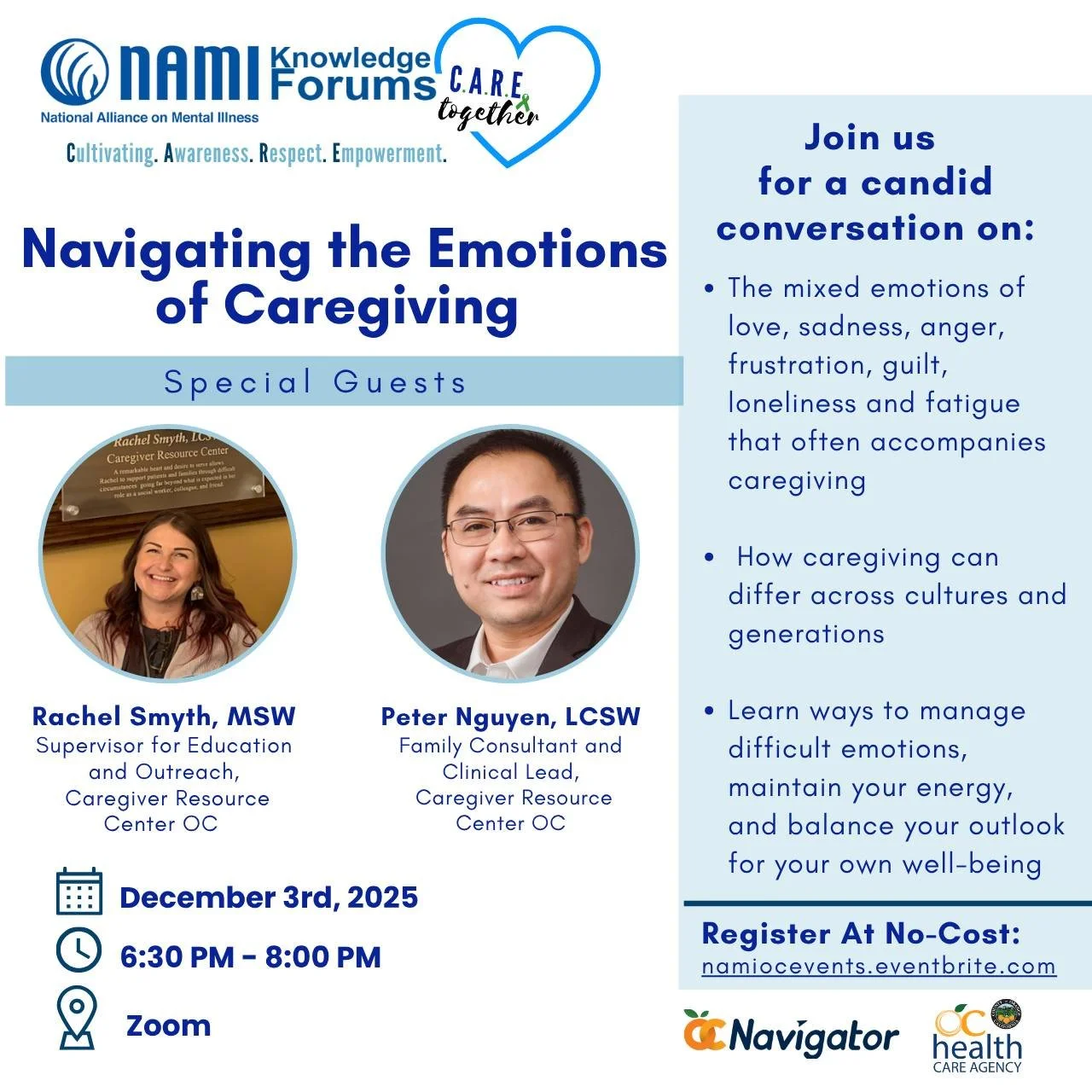 We have another C.A.R.E Together knowledge forum coming up on Wednesday, Decemebr 3rd! Our speakers, Rachel and Peter, will dive into navigating the emotions of caregiving. This no-cost event will take place remotely over Zoom. 

Sign up now at the E