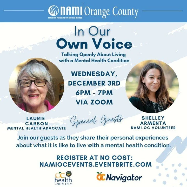 Join us for a powerful In Our Own Voice presentation on December 3rd! Our speakers, Laurie and Shelley, will share their experiences and lead an open dialogue on navigating life with a mental health condition.🌟 Let&rsquo;s come together on Zoom for 