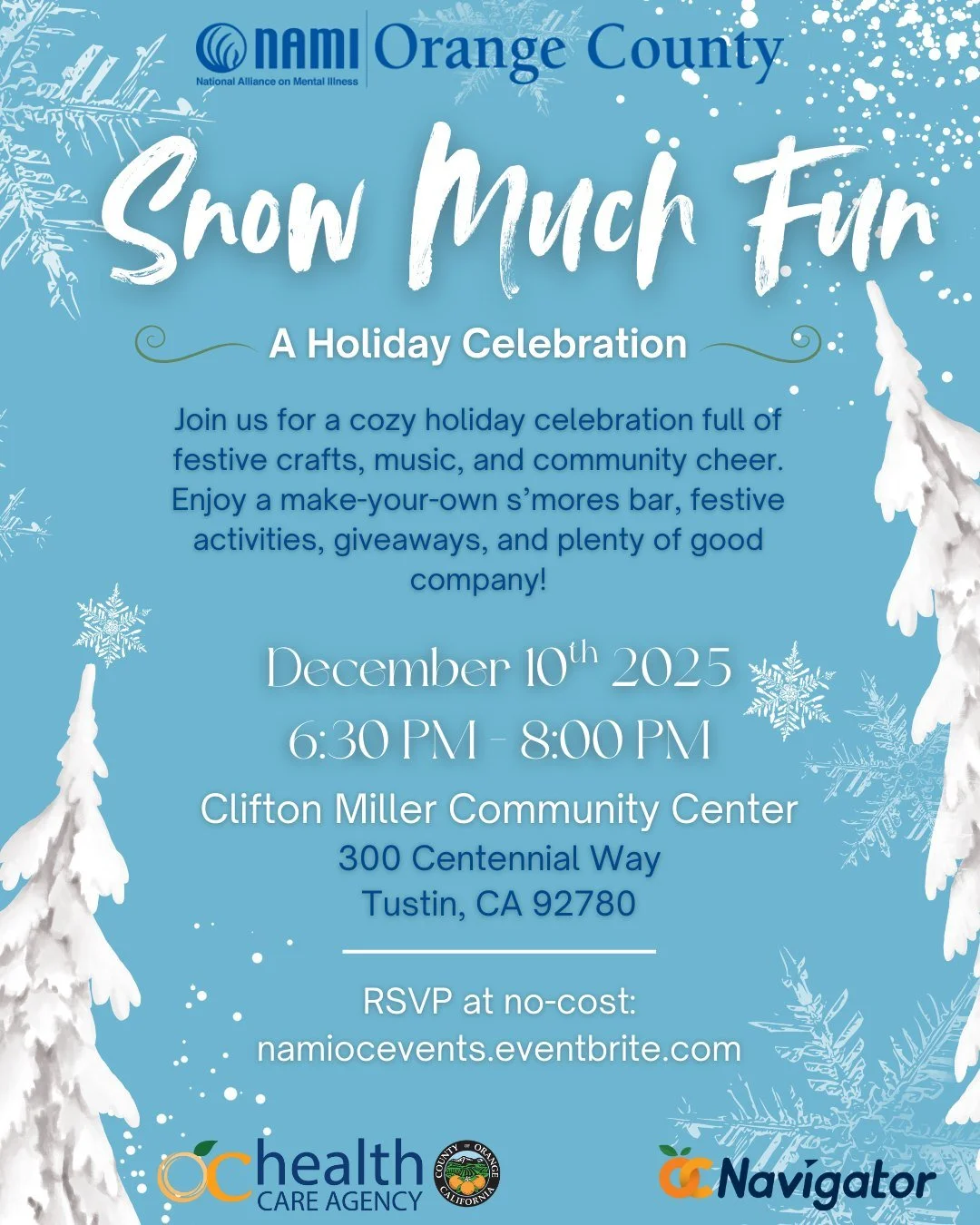 Exciting announcement! ❄️ Our annual Holiday Celebration event is coming soon and our theme this year is Snow Much Fun! ☃️ Join us on December 10th for festive crafts, music, a make-your-own s'mores bar (!!!), and so much more! Meet us in Tustin to c