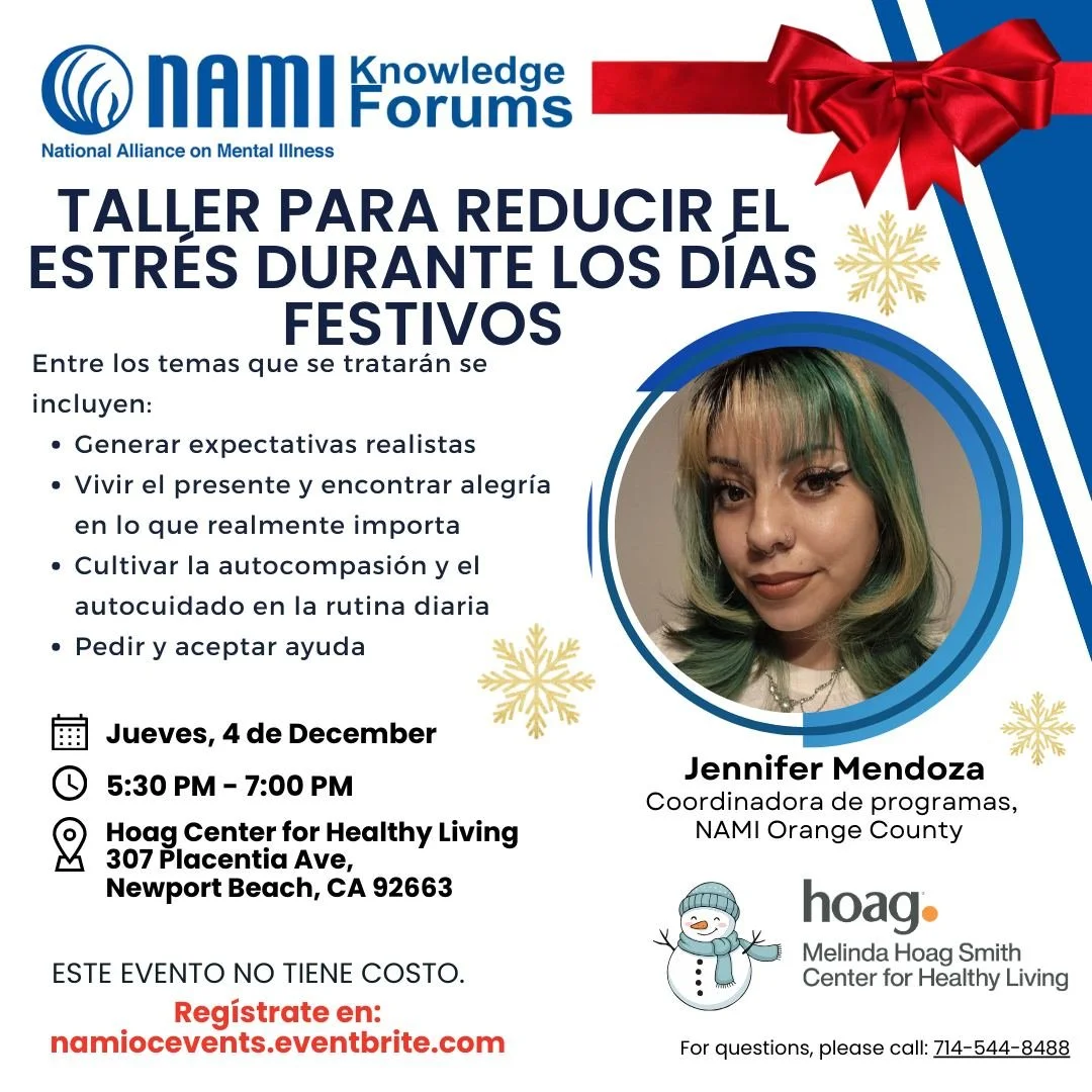 Acomp&aacute;&ntilde;anos en nuestro Foro enl Espa&ntilde;ol este 4 de diciembre a las 5:30 p. m. Hablaremos sobre el estr&eacute;s navide&ntilde;o y c&oacute;mo afrontarlo. Si tienes alguna pregunta, ll&aacute;manos 714-544-8488. Para registrarte, v