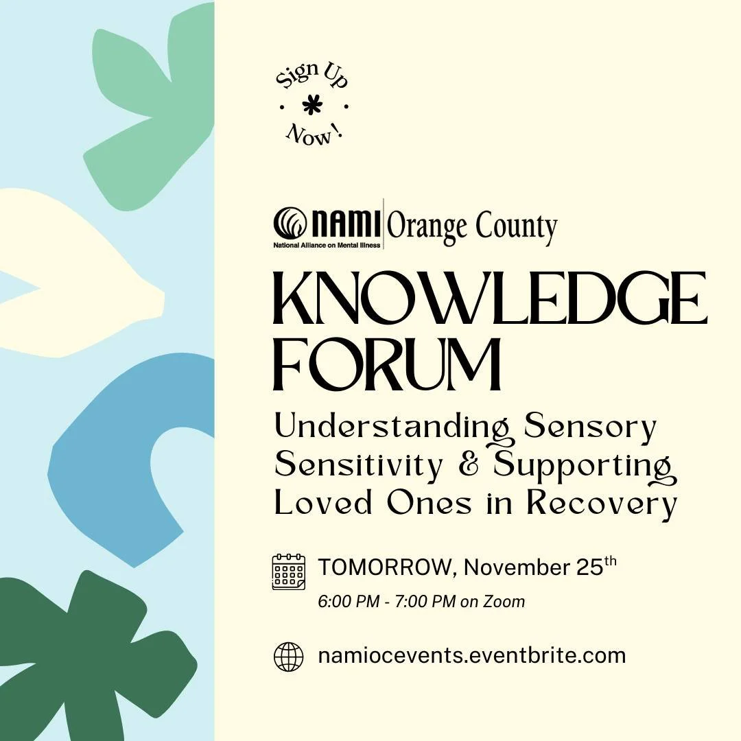 Đừng quên đăng ký! Chúng tôi sẽ có một diễn đàn kiến thức bổ ích vào NGÀY MAI, ngày 25 tháng 11, về việc tìm hiểu về độ nhạy cảm giác quan và cách hỗ trợ người thân trong quá trình hồi phục. Chúng tôi rất vui mừng được chào đón Luna Lu, Tiến sĩ Tâm lý học, Giám đốc Lâm sàng tại AASCSC, với tư cách là chuyên gia của chúng tôi.