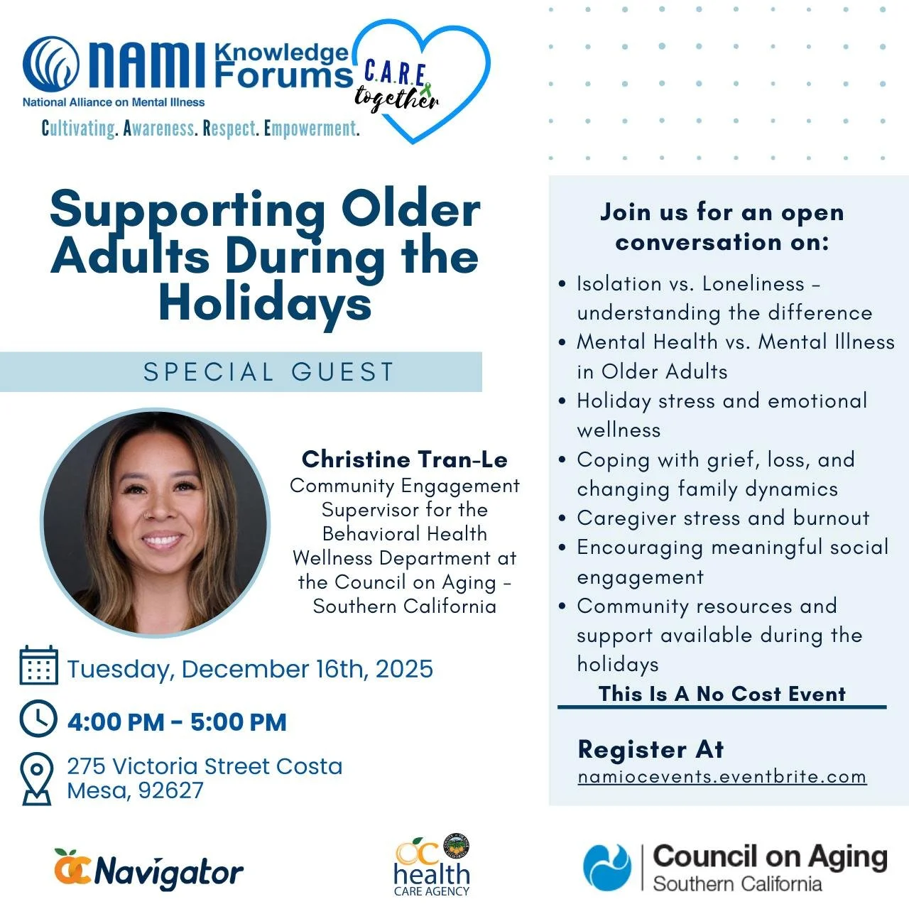 Las fiestas pueden ser especialmente difíciles para las personas mayores. 💙 Acompáñenos mañana en una presentación presencial sobre cómo apoyar a las personas mayores durante las fiestas y aprenda formas prácticas de ofrecerles cuidados, conexión y comprensión.
📍 College Hospital C