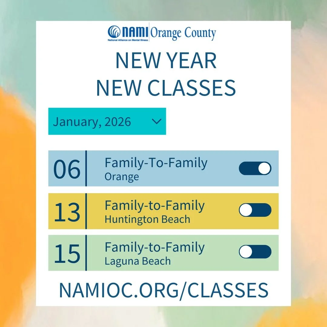 A partir de este mes de enero, lanzamos tres nuevas clases «De familia a familia», que se impartirán presencialmente en todo el condado de Orange. Diseñadas para los seres queridos que apoyan a alguien con un trastorno de salud mental, estas clases ofrecen educación, conexión y esperanza.
🔗 