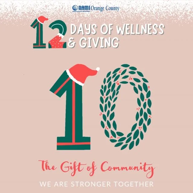 Día 10: El regalo de la comunidad 🫶 
Juntos somos más fuertes. Comparte un recuerdo, una foto o una historia de NAMIWalks OC, o etiqueta a alguien que te haga sentir apoyado.

🎁 Descarga la etiqueta de regalo de bienestar de hoy: «La comunidad nos hace más fuertes»
?