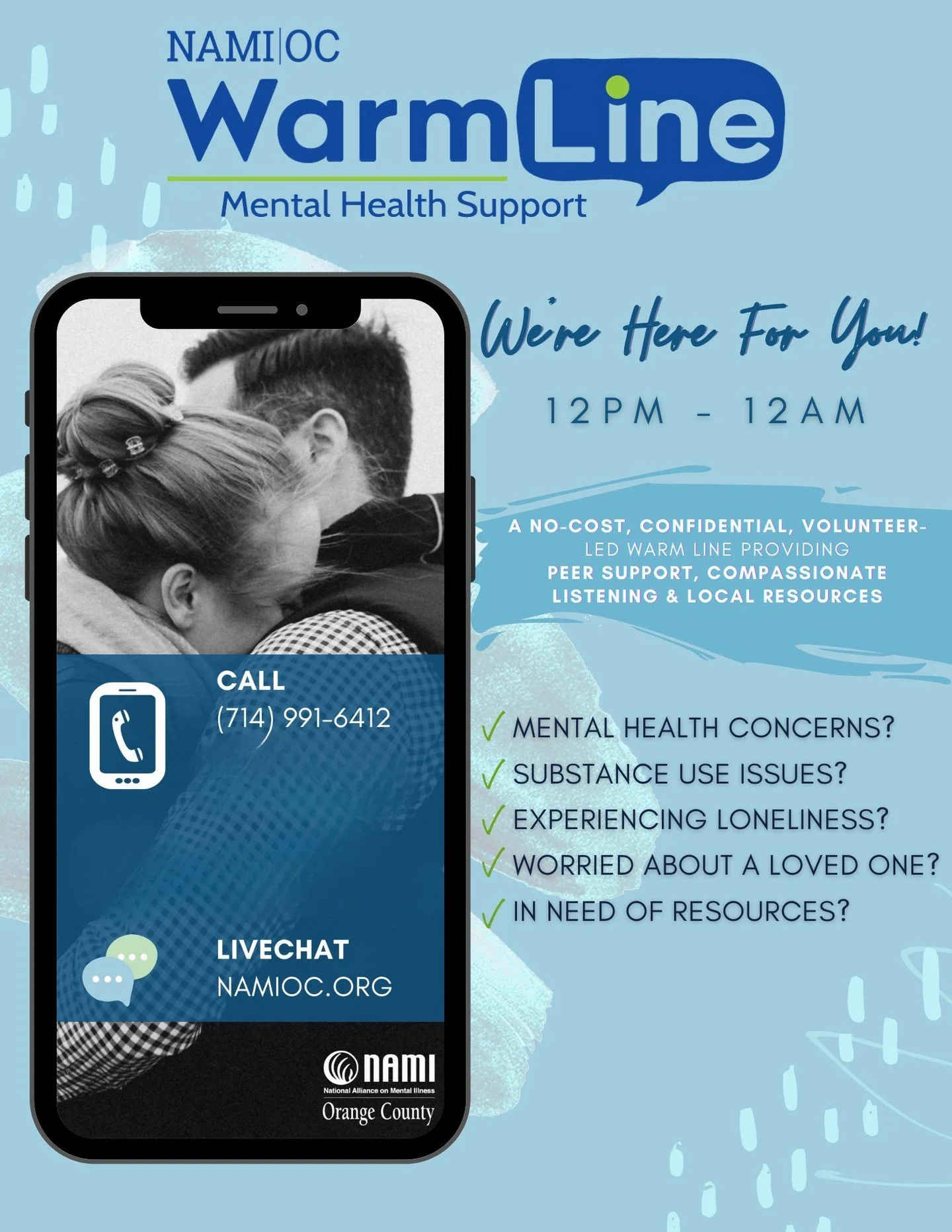 Las fiestas pueden traer consigo muchas cosas: alegría, estrés, soledad o todo lo anterior. No tienes por qué cargar con todo eso tú solo. 

La línea de ayuda NAMIOC Warmline está a tu disposición para ofrecerte apoyo de personas en tu misma situación todos los días de 12:00 a 12:00. A veces, el simple hecho de hablar con alguien ayuda.
