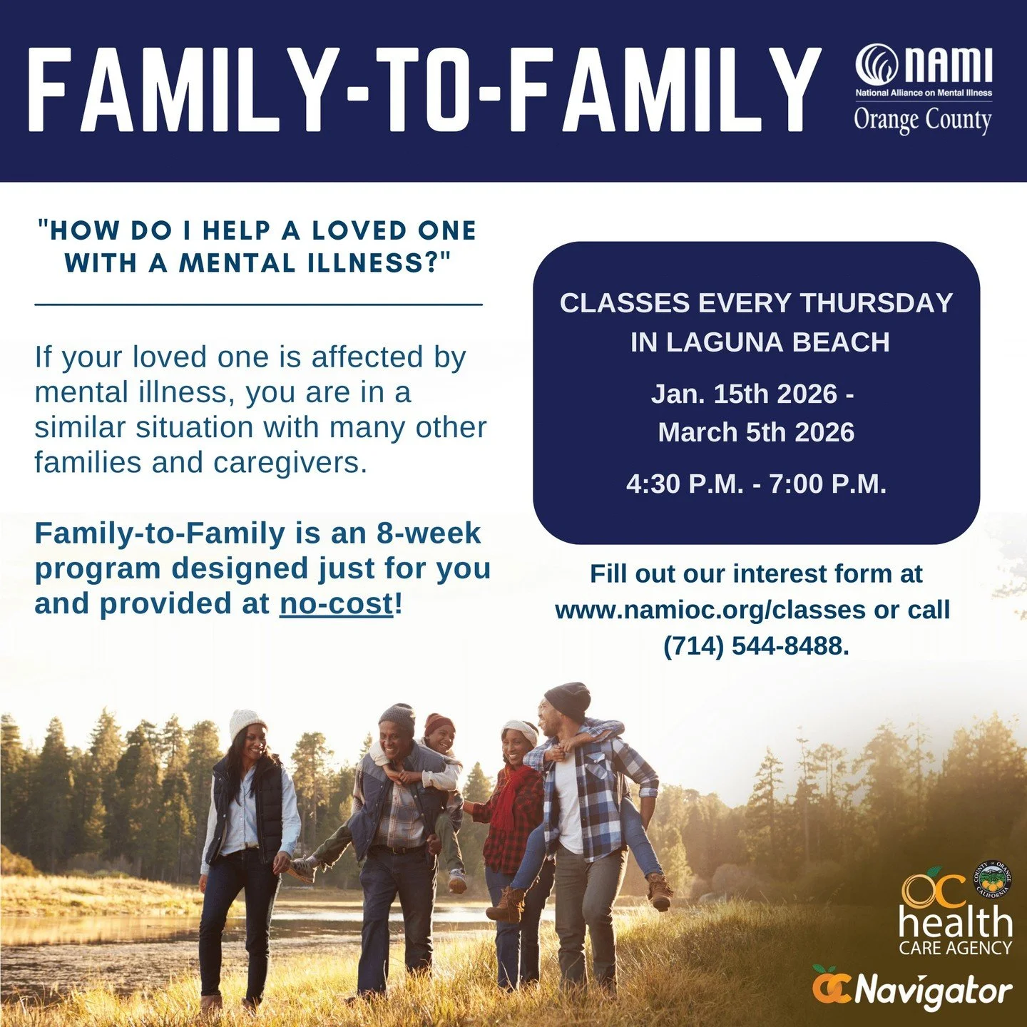 Estamos encantados de dar la bienvenida a las familias a nuestra clase Family-to-Family, que comienza este jueves 15 de enero en Laguna Beach.
Aún quedan plazas disponibles, inscríbase hoy mismo. #linkinbio o visite namioc.org/classes.

#ApoyoFamiliar #FamilyToFamily #Lagun