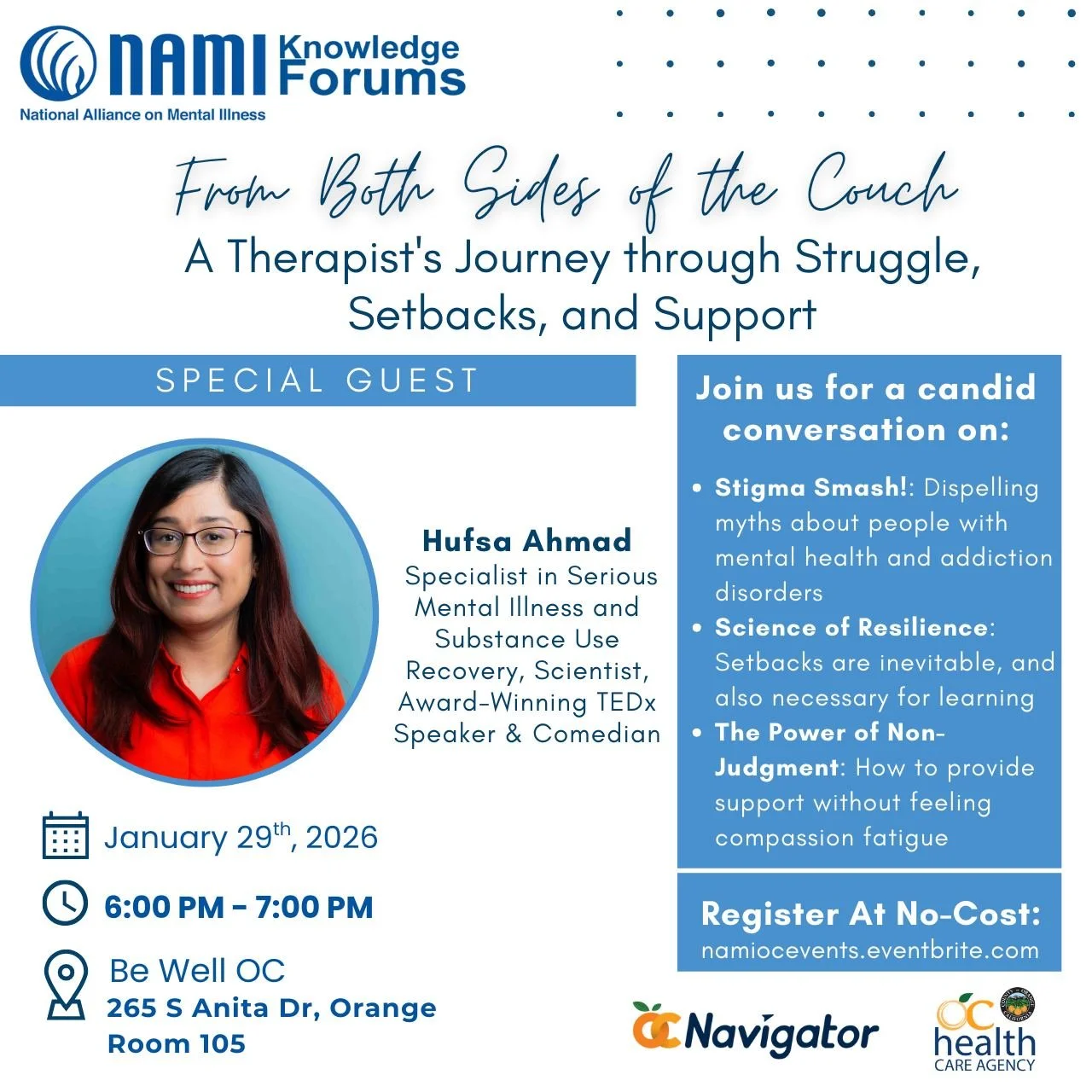 ✨ From both sides of the couch ✨
Join us for a powerful Knowledge Forum with Hufsa Ahmad, LMFT, as she shares her journey navigating mental health as both a therapist and a human being. This honest conversation will challenge stigma, explore resilien
