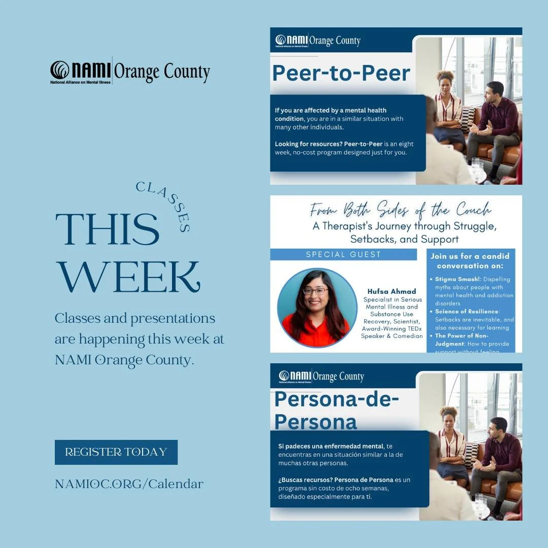 A gentle reminder: you don&rsquo;t have to do this alone. Here&rsquo;s what&rsquo;s happening this week with NAMI OC.

This week:
🟡 Peer-to-Peer (English) &mdash; Jan 29
🛋️ Knowledge Forum: Both Sides of the Couch &mdash; Jan 29
🟠 Peer-to-Peer (Sp