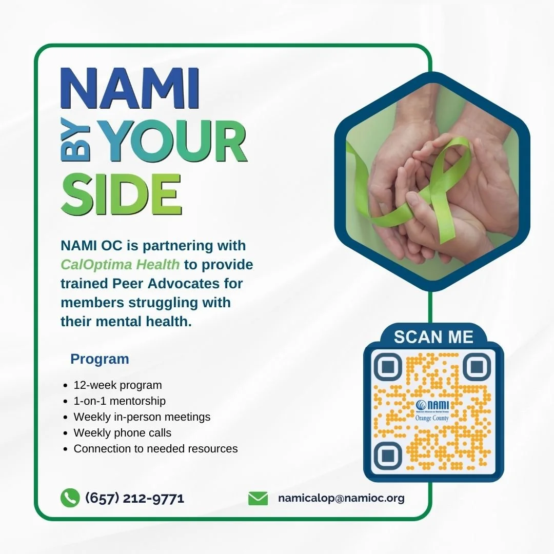 Peer support, by your side. 💚
If you&rsquo;re a CalOptima Health member and need extra support right now, NAMI OC&rsquo;s By Your Side program connects you with a trained Peer Advocate.

Head to namioc.org or call (657) 212-9771 to learn more.

#NAM