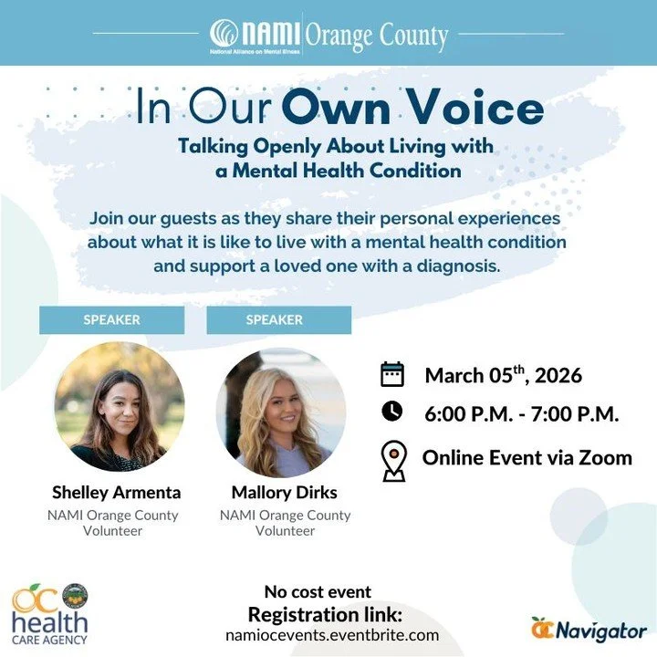 Sometimes the most powerful way to understand mental health is by hearing someone&rsquo;s real story.

Join us Thursday, March 5th for In Our Own Voice, a free virtual presentation where two speakers share their personal journeys with mental health c