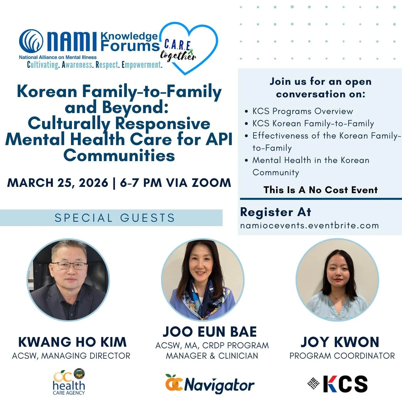 Join us for a meaningful conversation on culturally responsive mental health care for API communities at our upcoming C.A.R.E. Together Knowledge Forum. 

This special event will feature guest speakers sharing insight on Korean Family-to-Family, ment