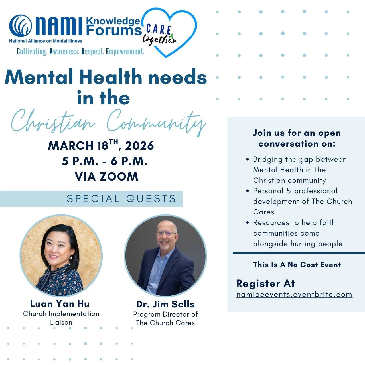 Faith communities often play an important role in supporting people through life&rsquo;s challenges. Join us for a NAMI Knowledge Forum exploring mental health needs in the Christian community and how faith communities can better support those who ma