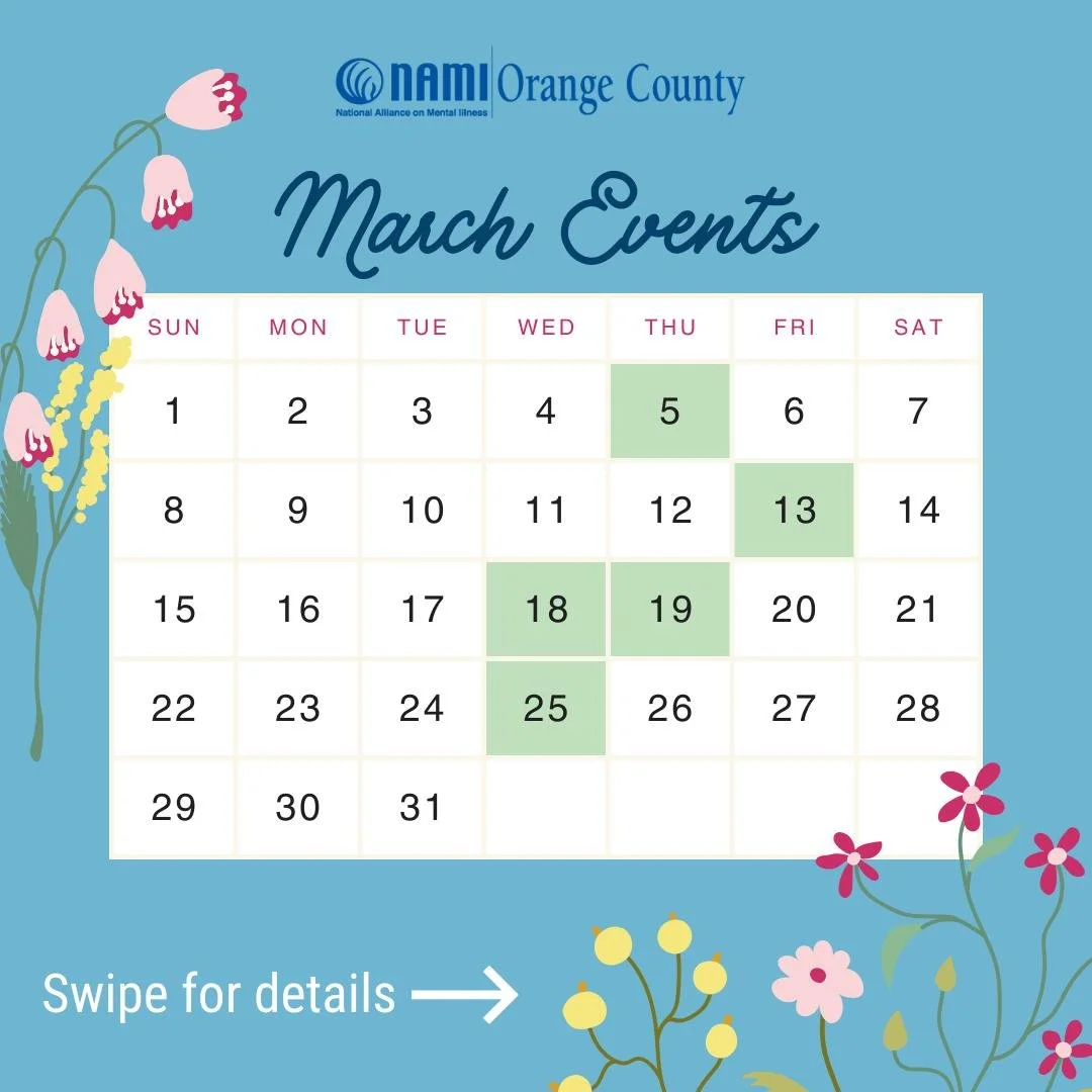 🌷✨ March is packed with events! ✨🌷

This month we&rsquo;re offering:
💻 Virtual Presentations
🏫 In-Person Education Classes
🧘&zwj;♀️ Self-Care Night
💛 Support Group Meetings all month long for peers &amp; family members

There&rsquo;s something 