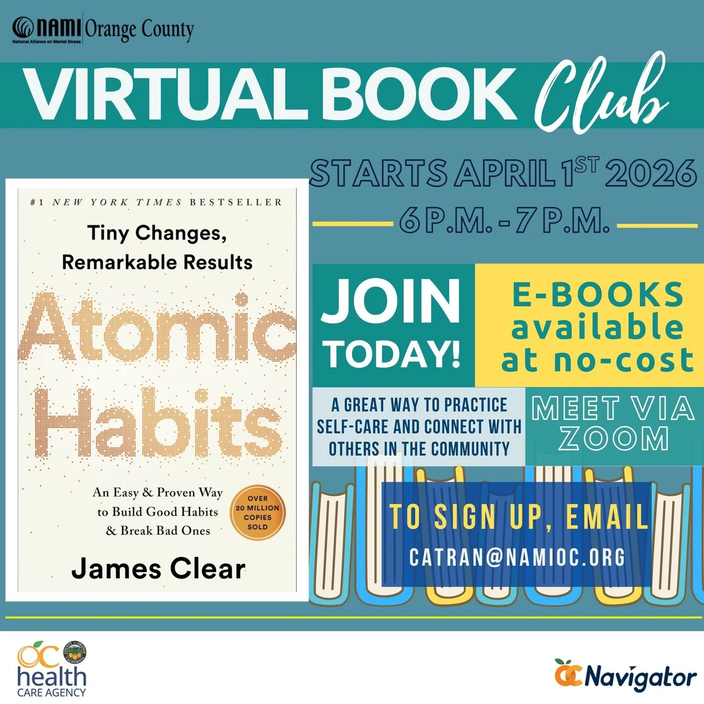 Small habits, big changes. 📖✨

Starting April 1st, our NAMI OC Book Club is diving into Atomic Habits&mdash;exploring how tiny shifts in our daily routines can support our mental health and overall well-being.

💻 6 virtual meetings to discuss the b