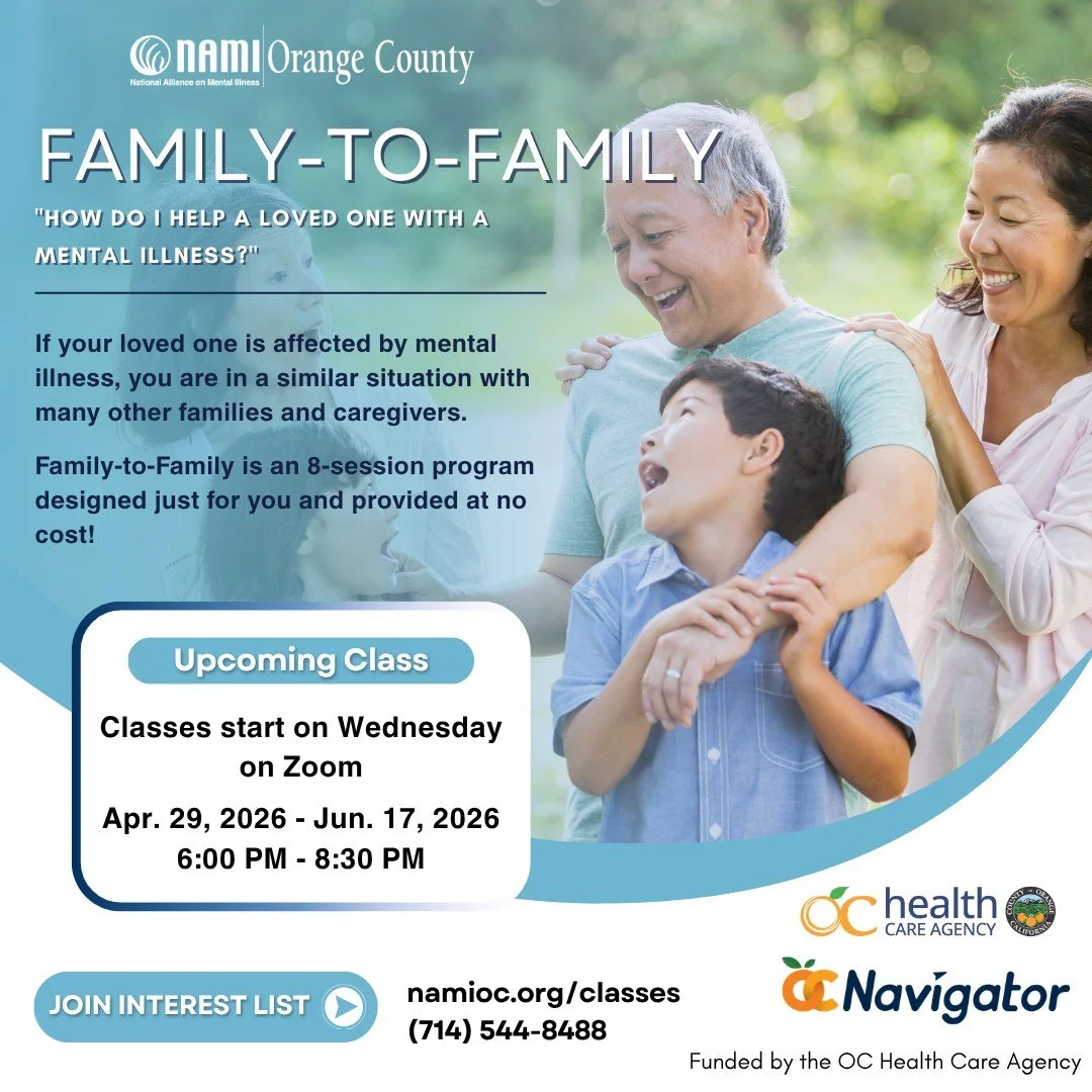 Chương trình Family-to-Family của NAMI bắt đầu vào ngày 29/4. Nếu bạn đang hỗ trợ người thân yêu mắc bệnh tâm thần, bạn không cần phải tự mình xoay xở. NAMI Family-to-Family là một lớp học miễn phí dành cho các thành viên gia đình và người chăm sóc—đầy những lời khuyên thiết thực.