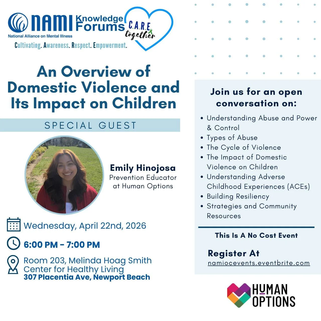 Acompáñanos en el Centro Melinda Hoag Smith para una Vida Saludable en la charla «Una visión general de la violencia doméstica y su impacto en los niños», con Emily Hinojosa, educadora en prevención de Human Options.

Analizaremos las dinámicas del maltrato (el poder y
