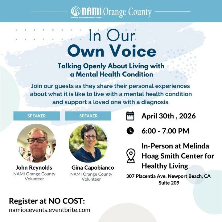 Hãy tham gia cùng chúng tôi trong chương trình NAMI In Our Own Voice tại Trung tâm Sống Khỏe Melinda Hoag Smith. Lắng nghe những câu chuyện đầy xúc động từ những người đang sống chung với vấn đề sức khỏe tâm thần; cảm giác thực sự như thế nào, điều gì đã giúp ích và quá trình hồi phục có thể ra sao. Sẽ có...