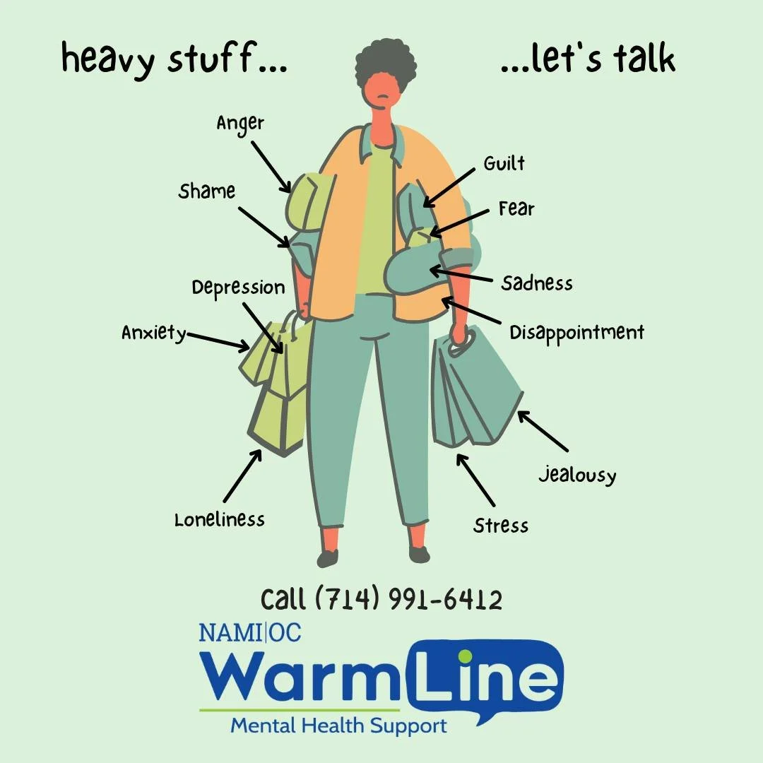 Đôi khi đó là những chuyện nặng nề… và đôi khi chỉ là quá nhiều thứ. Nếu bạn đang mang trong mình lo lắng, căng thẳng, buồn bã, cô đơn—hoặc bất cứ cảm xúc nào khác—hãy liên hệ với chúng tôi. Đường dây nóng NAMI OC WarmLine cung cấp dịch vụ tư vấn miễn phí và bảo mật.