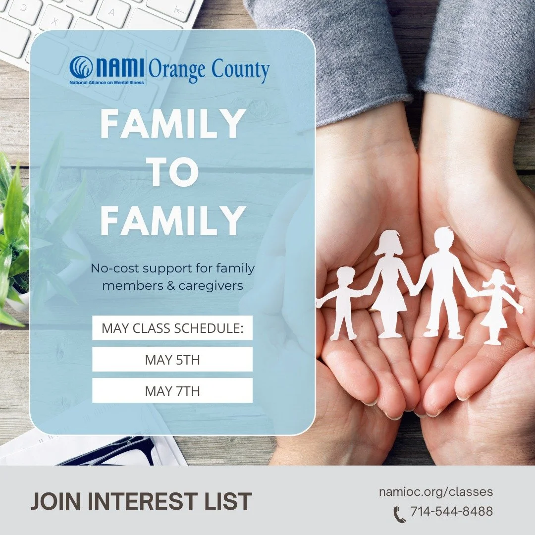 More chances to join NAMI Family-to-Family in May

If you&rsquo;re supporting a loved one with a mental health condition, this 8-week class series offers practical tools, education, and a community that understands.

Tuesday's starting May 5 via Zoom