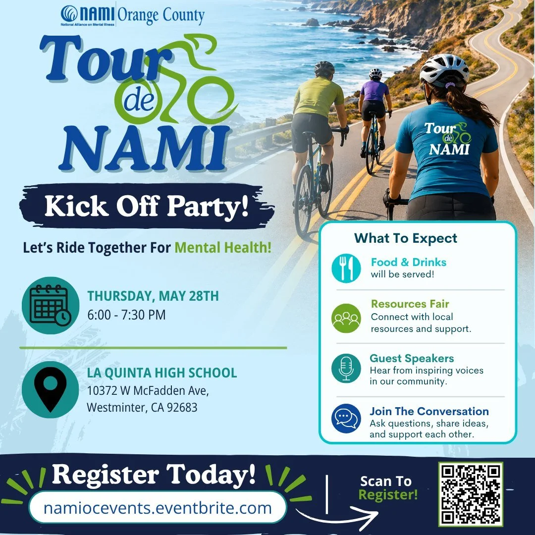 Tour de NAMI is back 🚴&zwj;♂️

Join us for the Tour de NAMI Kickoff Party on May 28th as we launch an incredible fundraising ride supporting NAMI Orange County&rsquo;s mental health programs.

From May 30th&ndash;June 6th, riders Cork &amp; Rick wil