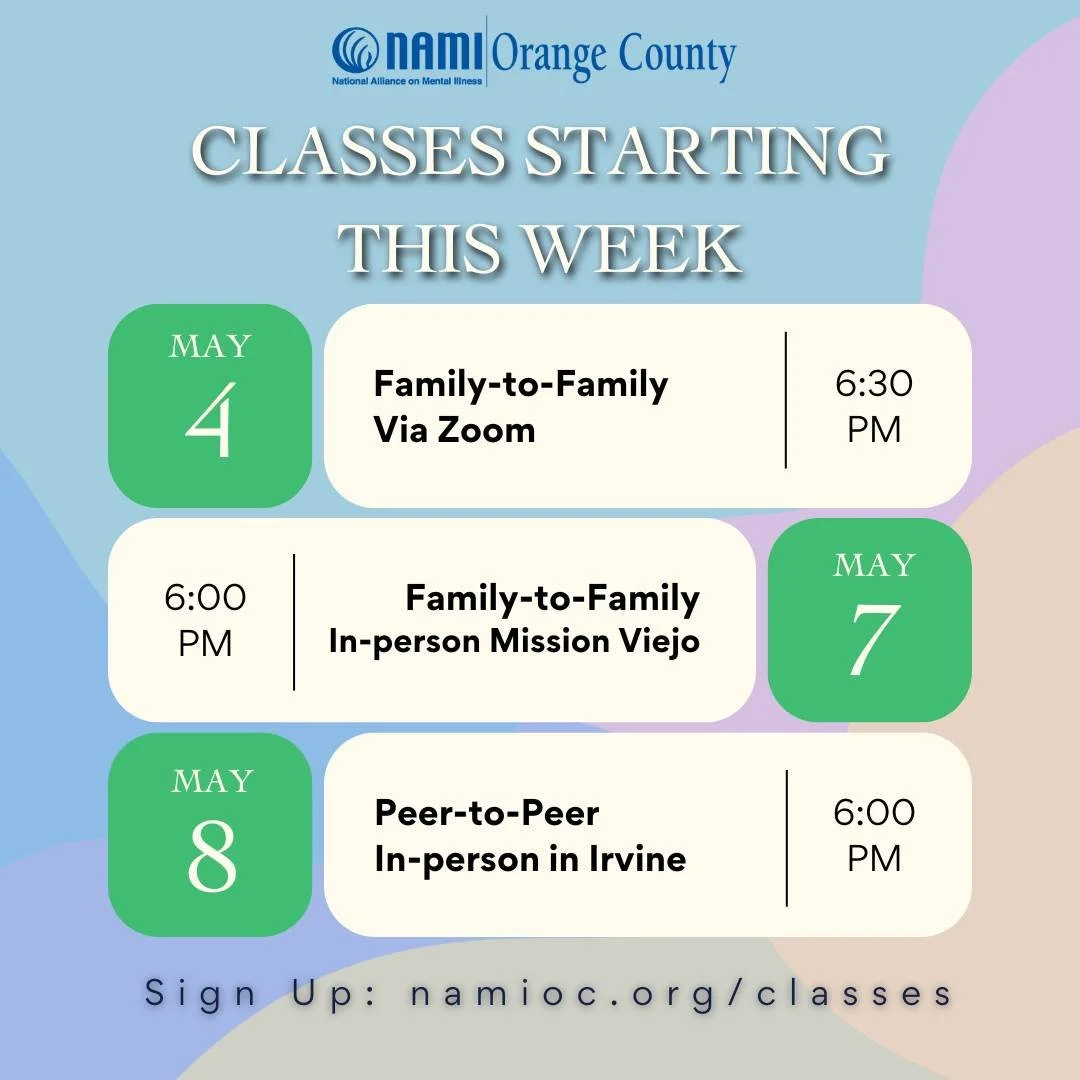 Las clases empiezan esta semana, encuentra la que mejor se adapte a ti 💙

📅 «De familia a familia» por Zoom — 5/5
📍 «De familia a familia» presencial, Mission Viejo — 5/7
📍 «De igual a igual» presencial, Irvine — 5/8

Apúntate a la lista de interesados: namioc.org/cl