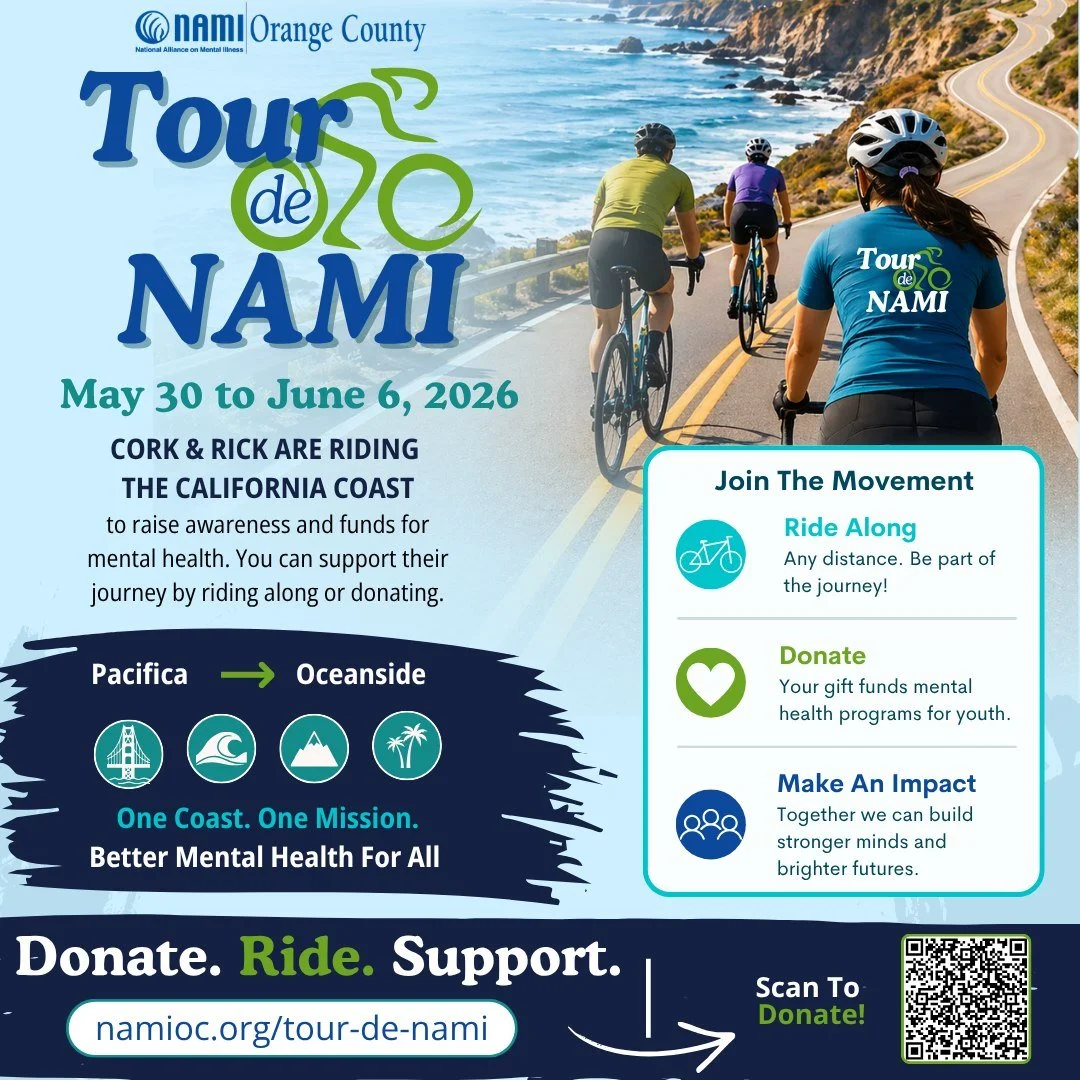 🚴&zwj;♂️ 8 days. One coast. One mission. 💙💚

This May, Cork &amp; Rick are riding from Pacifica to Oceanside to raise funds and awareness for youth mental health programs through NAMI Orange County. Every mile supports hope, education, and support