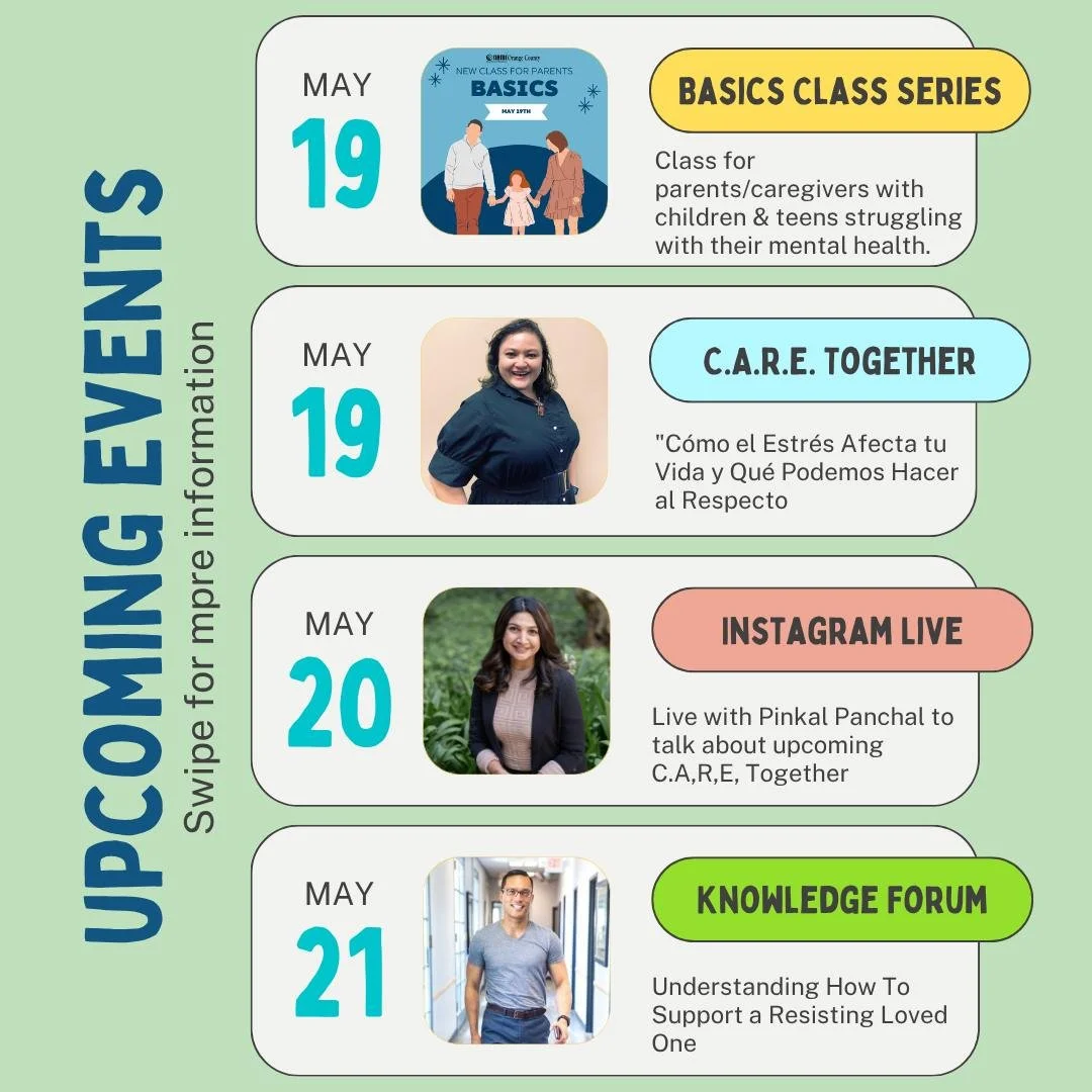 Próximamente esta semana 💚 (¡guárdalo!)

✨ 19 de mayo: NAMI Basics — para padres y cuidadores que apoyan a niños y adolescentes
✨ 19 de mayo: CARE Together (Español) — Cómo el estrés afecta a tu vida y qué podemos hacer al respecto