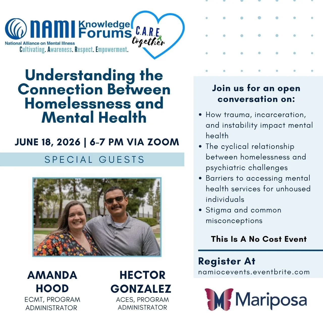 Homelessness and mental health are deeply connected and often misunderstood.

Join us for a CARE Together conversation exploring how trauma, instability, incarceration, and barriers to care can impact mental health and housing. Together, we&rsquo;ll 