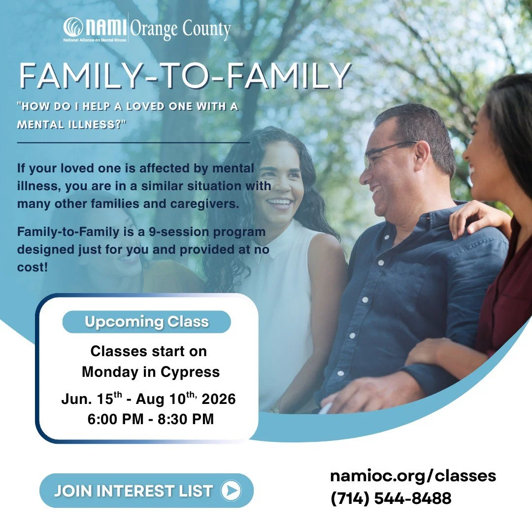 Apoyar a un ser querido con un trastorno de salud mental puede resultar abrumador, pero no tienes por qué afrontarlo solo. 💙

«Family-to-Family» es un programa gratuito de ocho sesiones diseñado para familiares y cuidadores que buscan apoyo, ed
