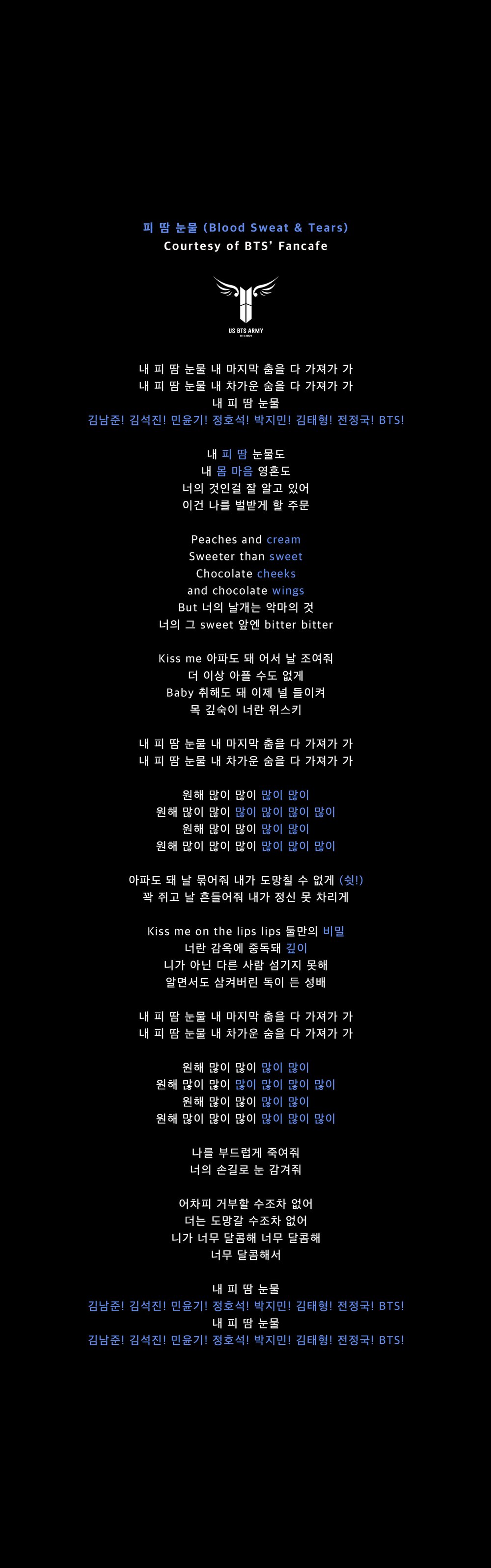 Official 피 땀 눈물 Blood Sweat Tears Fanchant Us Bts Army