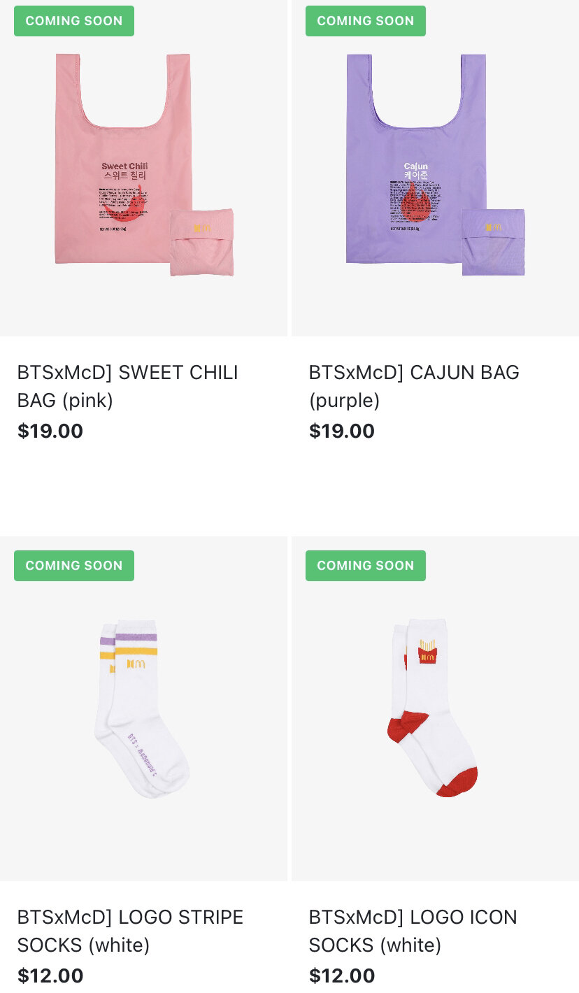 Pink sweet chili bag, purple cajun bag, white logo stripe socks and white logo socks