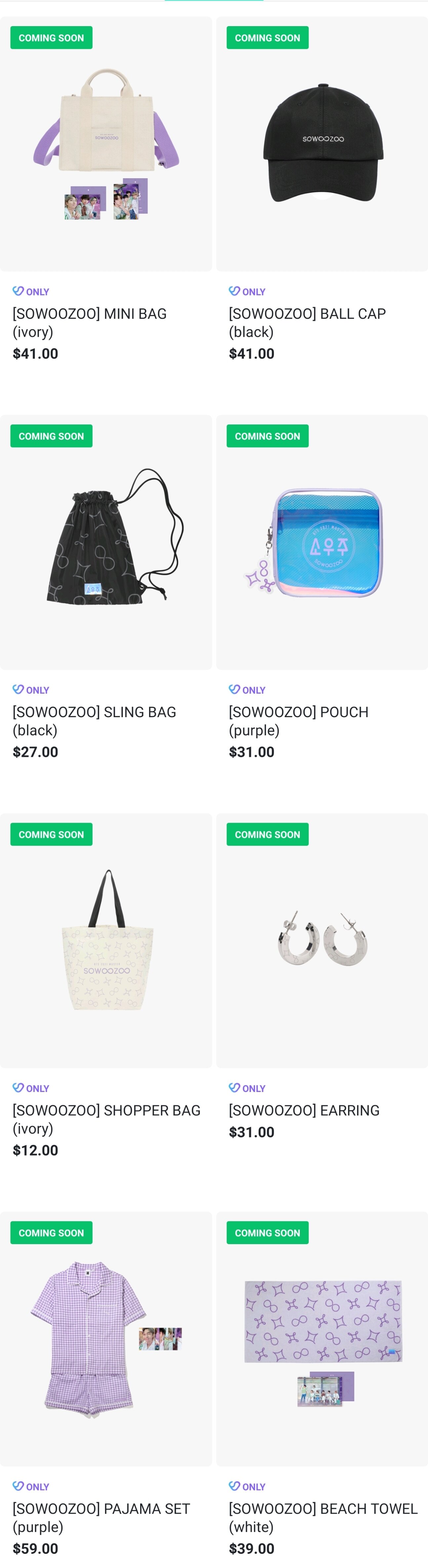 SOWOOZOO ivory mini bag, black baseball cap, black logo sling bag, purple pouch
